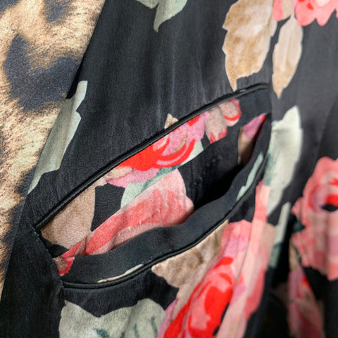 R13 Size XS Black Multi Color Silk Floral Shawl Collar Smoking Robe
