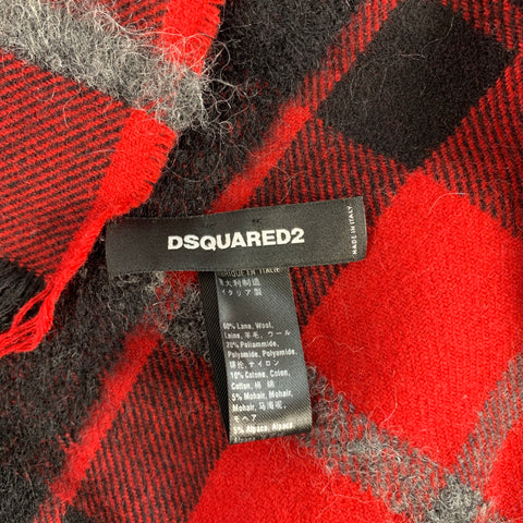 DSQUARED2 Red Black Plaid Wool Blend Scarves