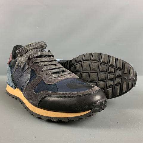 VALENTINO Size 11 Navy Grey Camo Leather Low Top Sneakers