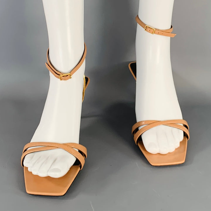 SAINT LAURENT Size 10 Melody Tan Leather Chain Ankle Strap Kitten Heel Sandals