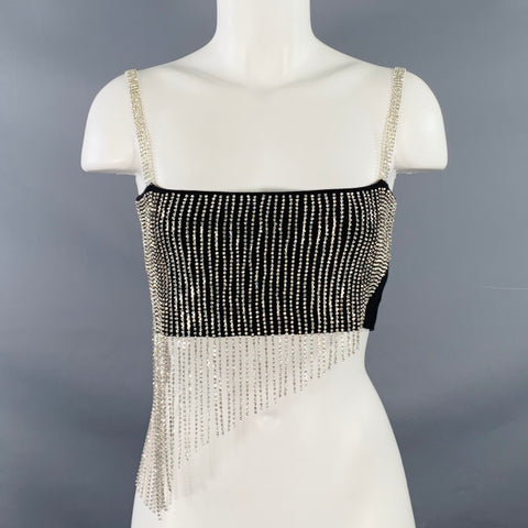 FANG Size S Asymmetrical Rhinestone Black Silver Cotton Blend Fringe Cropped Dress Top