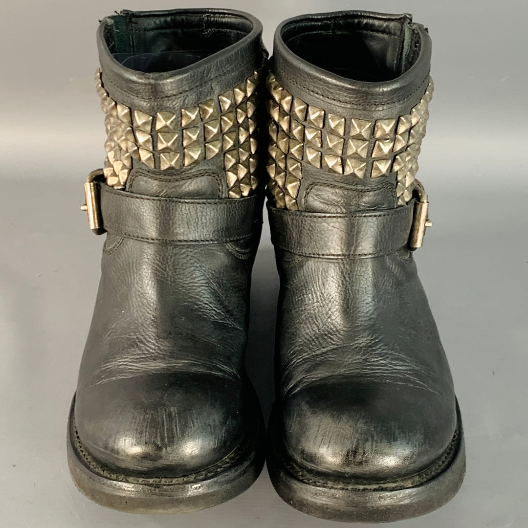 ASH Size 11 Black Leather Studded Pull On Ankle Boots