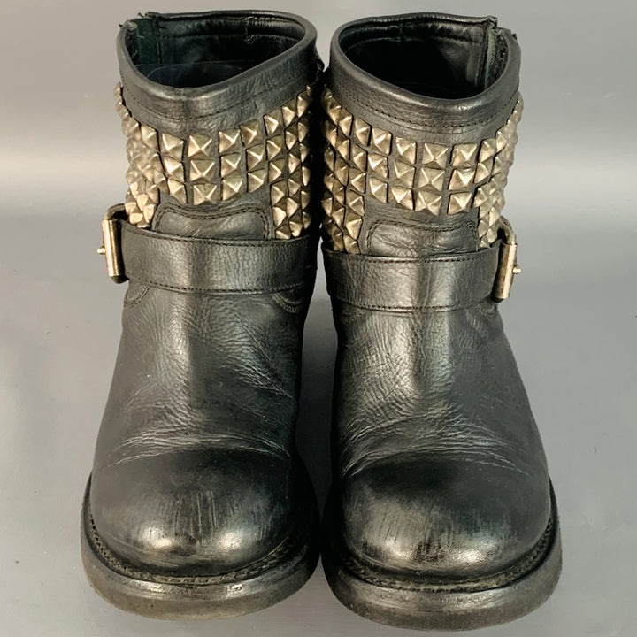 ASH Size 11 Black Leather Studded Pull On Ankle Boots