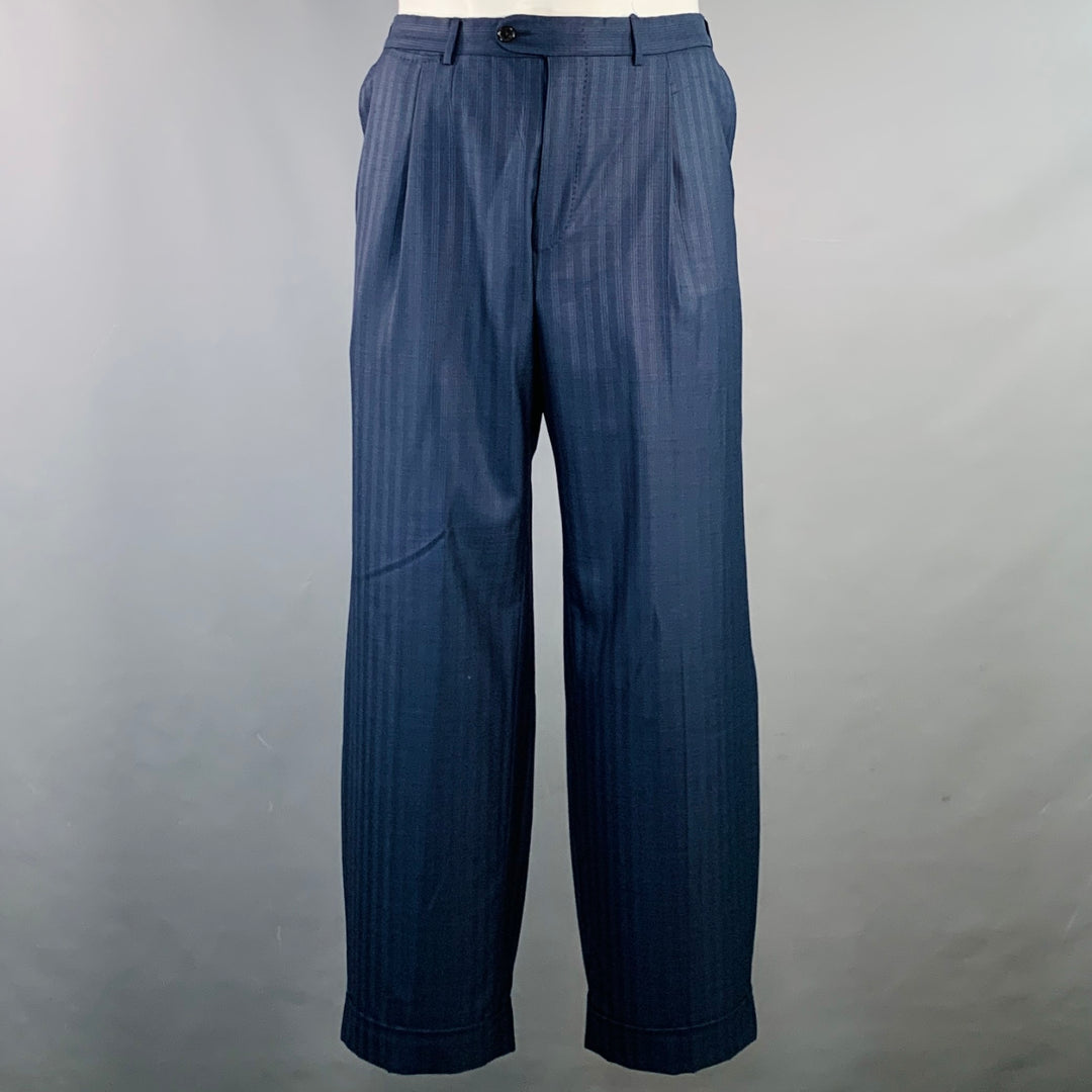 ERMENEGILDO ZEGNA Size 42 Regular Navy Blue Stripe Wool Notch Lapel Suit