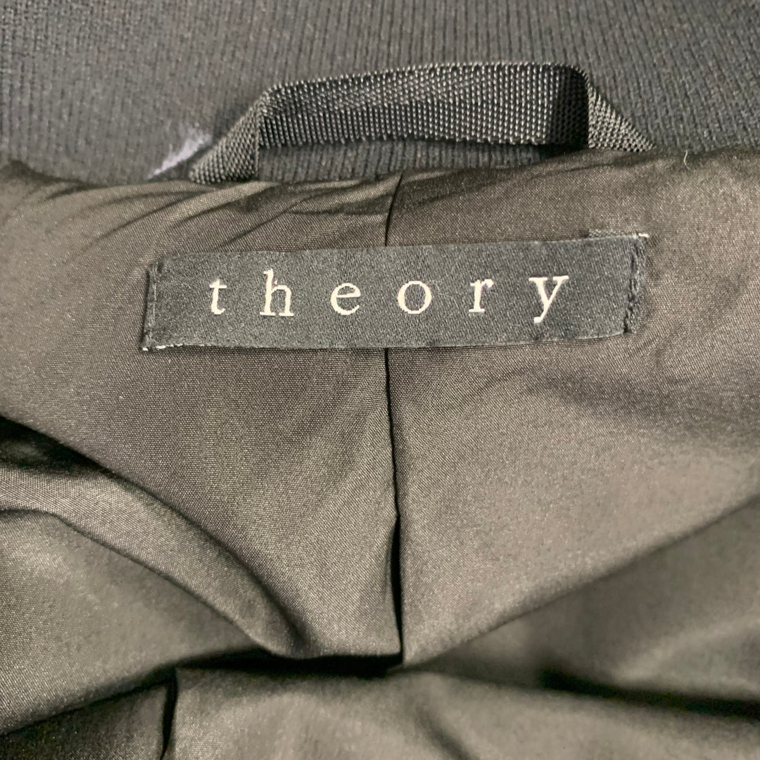 THEORY Size M Navy Black Two Toned Polyamide Lambskin Leather Varsity Jacket