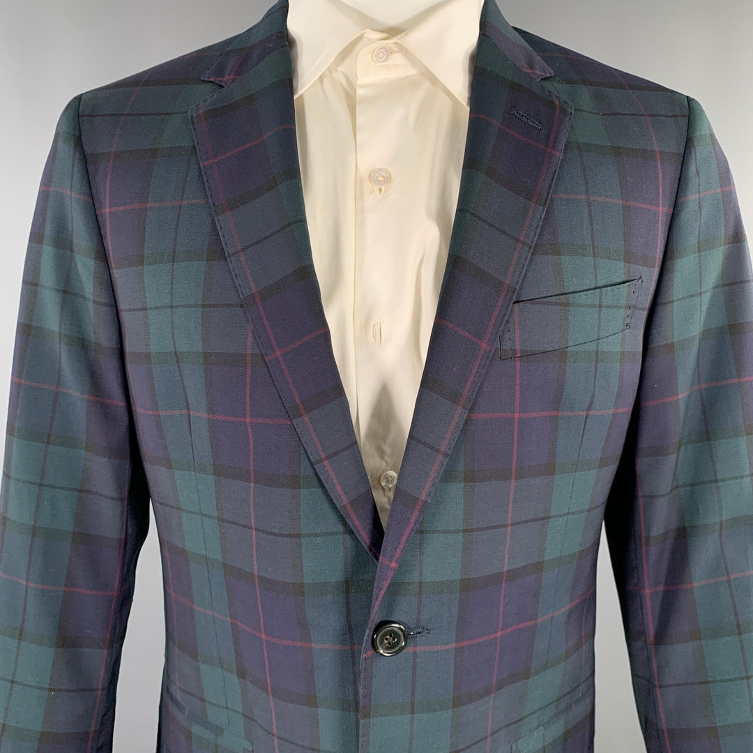 TODD SNYDER Size 40 Regular Green Navy Plaid Wool Sport Coat