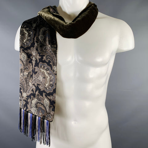 ETRO Grey Green Paisley Velvet Silk Fringe Scarf