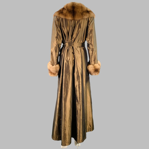 MAXIMILIAN MEERSTEIN Size 8 Brown Gold Silk Fur Trim Belted Coat