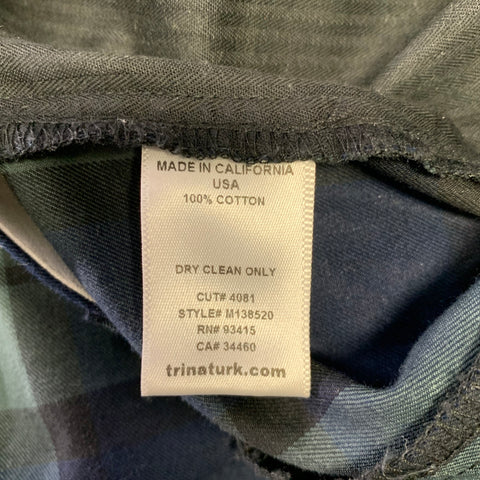 MR TURK Size 34 Green Navy Plaid Cotton Zip Fly Casual Pants