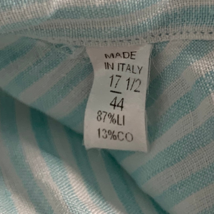 ISAIA Talla XL Camisa de manga larga con pestaña enrollable de algodón y lino a rayas blancas y azules