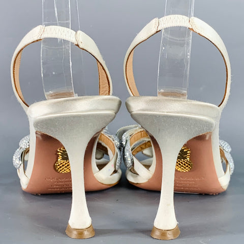 AQUAZZURA Size 8 Silver Silk Floral Rhinestone Embellishment Slingback Sandals
