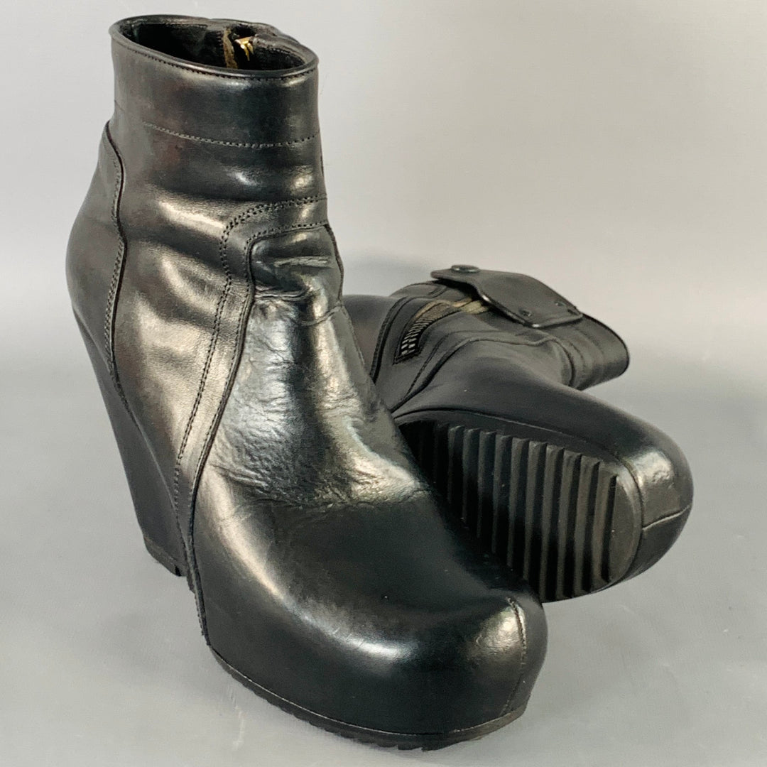 RICK OWENS Size 7.5 Black Leather Hidden Heel Side Zipper Wedge Pumps