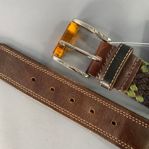 MARTIN DINGMAN Size 40 Green Navy Black Woven Rayon Leather Belt