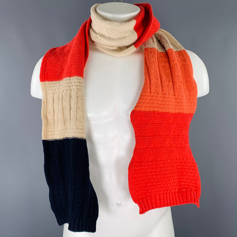 DRAKES LONDON Navy Beige Red Color Block Lambswool Knit Scarf