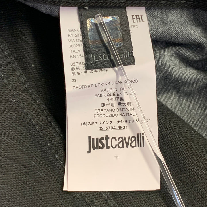 JUST CAVALLI Size 33 Black Silver Studded Cotton Blend Denim Button Fly Jeans