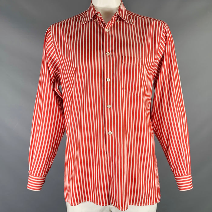ERMENEGILDO ZEGNA Size L Red White Stripe Cotton Button Up Long Sleeve Shirt