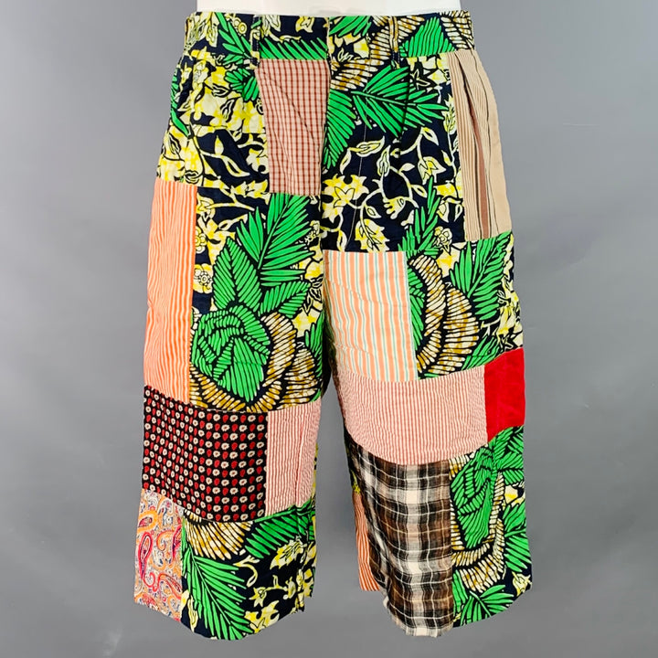 JUNYA WATANABE 2015 Size XL Multi Color Patchwork Cotton Linen Pleated Shorts