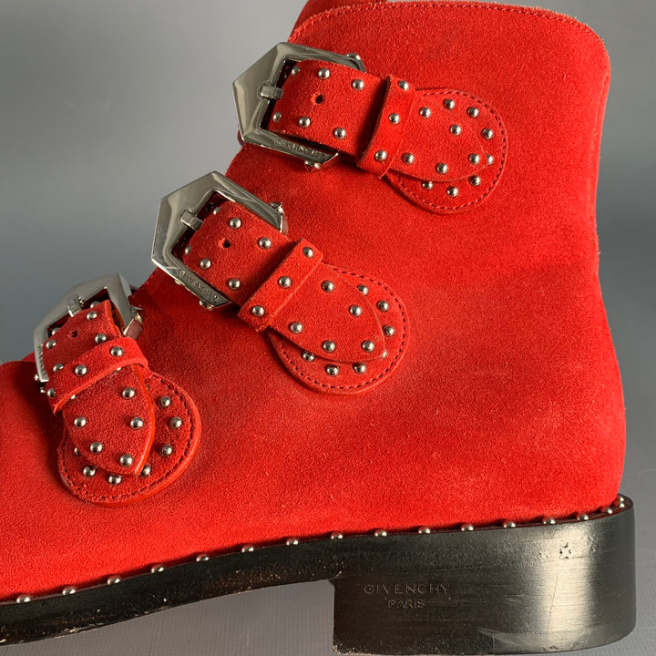 GIVENCHY Size 9 Red Studded Leather Belted Boots