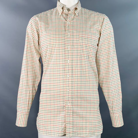 DRAKES LONDON Size L Beige Red Green Checkered Cotton Long Sleeve Shirt
