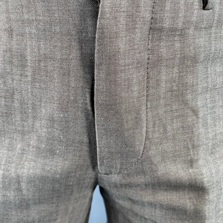 BRUNELLO CUCINELLI Size 38 Brown Herringbone Linen Wool Silk Peak Lapel Suit