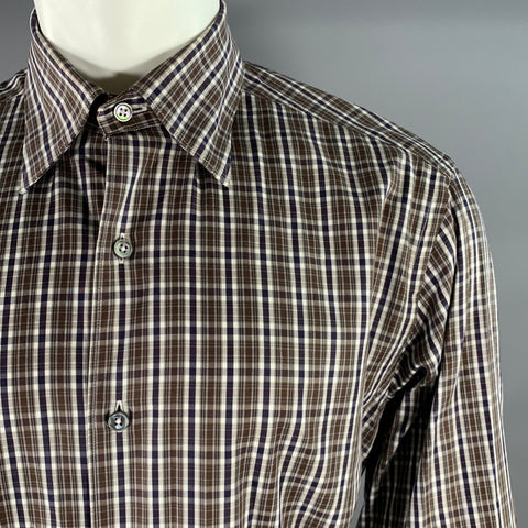 ERMENEGILDO ZEGNA Size L Brown Black White Plaid Cotton Long Sleeve Shirt
