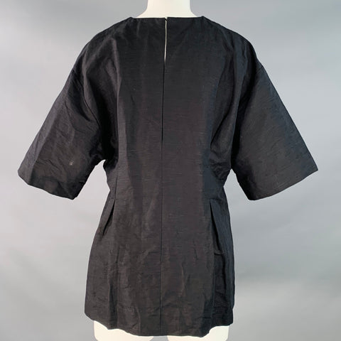 TOTEME Size M Black Cotton Linen Short Sleeve Pleated Blouse
