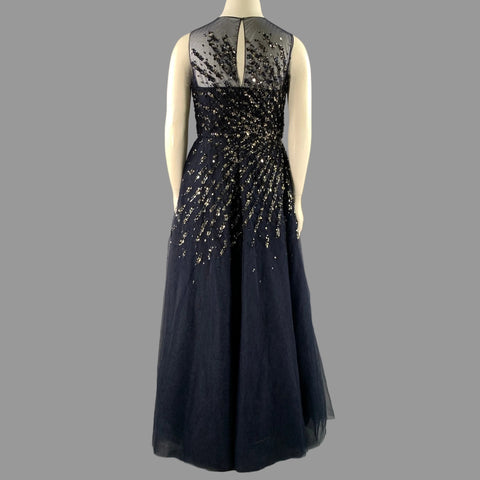 CAROLINA HERRERA Size 14 Navy Silver Nylon A-Line Long Gown