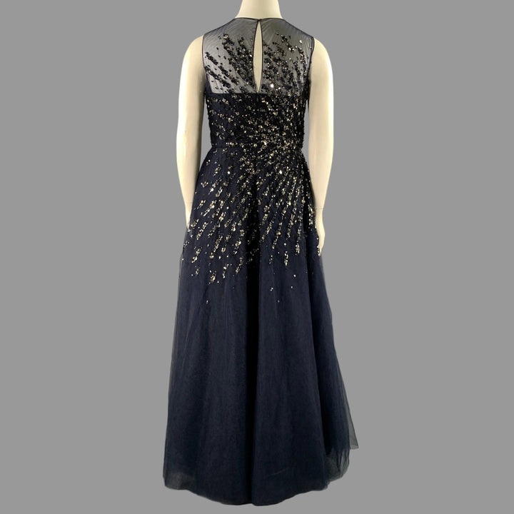 CAROLINA HERRERA Size 14 Navy Silver Nylon A-Line Long Gown