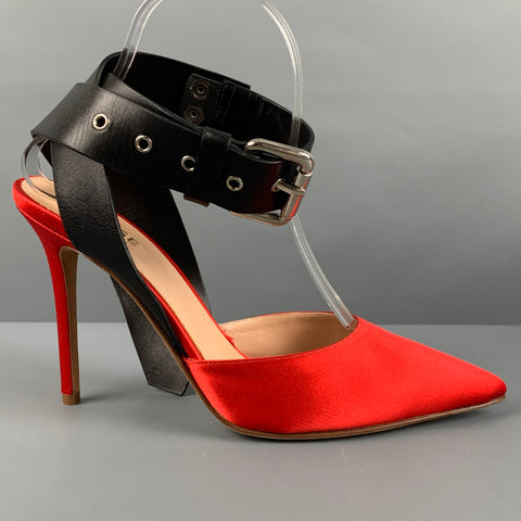 MONSE MARIELA MONTIEL Talla 8 Zapatos de tacón con cinturón y ribete de cuero liso de seda rojo y negro