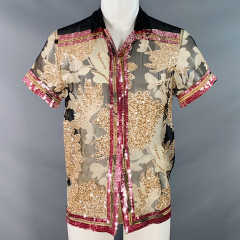 DRIES VAN NOTEN Size XS Black Beige Pink Sequined Silk Short Sleeve Shirt