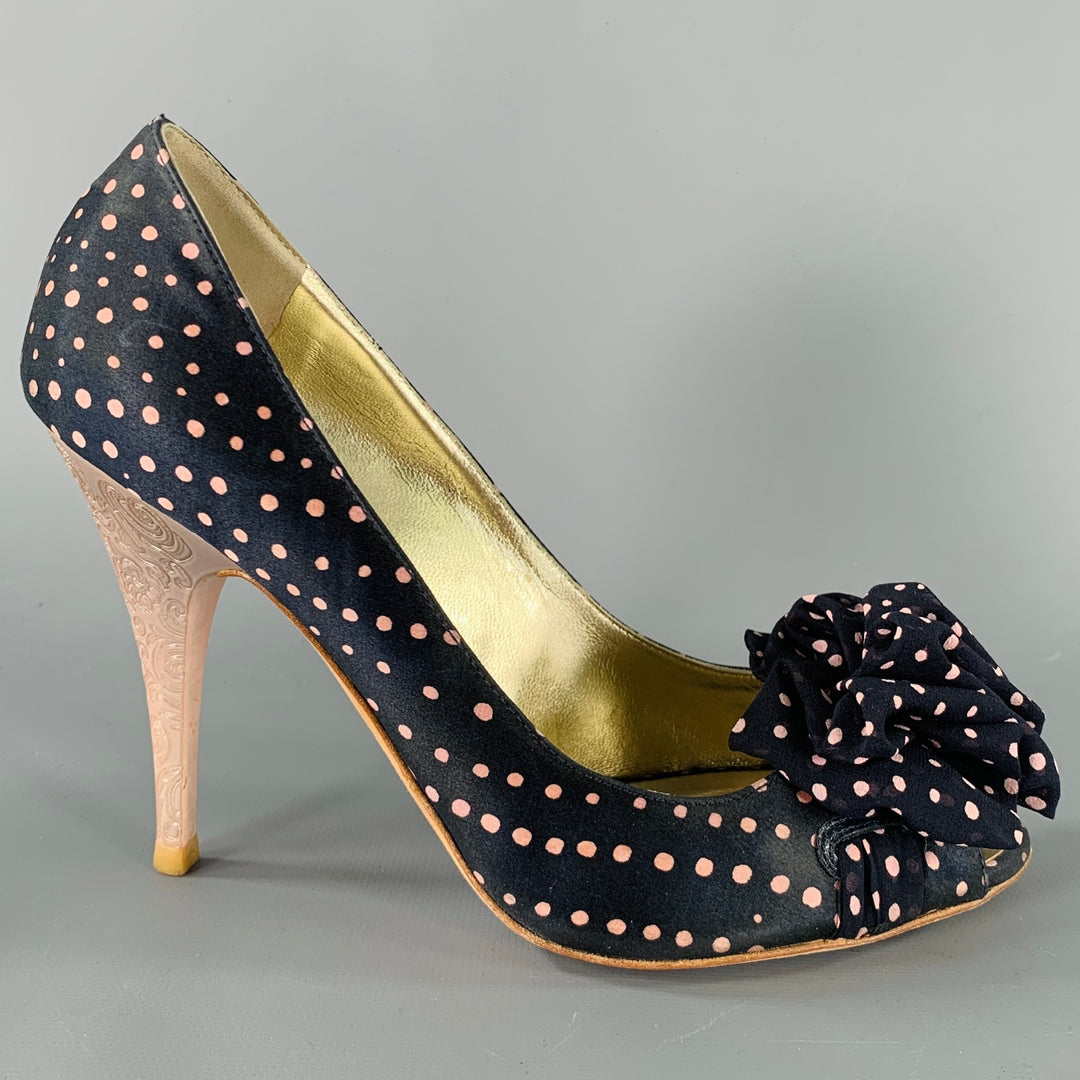 ESCADA Size 8.5 Navy Pink Silk Polka Dot Leather Trim Open Toe Pumps