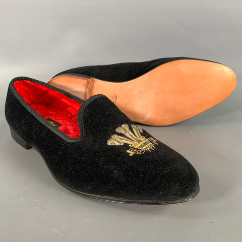 TRICKER'S Size 10.5 Black Embroidery Velvet Slippers Loafers