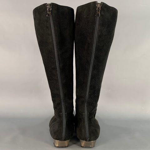 PRADA Size 7.5 Black Silver Suede Back Zip Pointed Toe Calf High Boots
