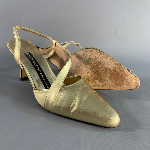 ANNE KLEIN Size 6.5 Gold Leather Ankle Strap Pumps
