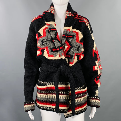 RALPH LAUREN Size S Black Red Black Wool Shawl Collar Cardigan