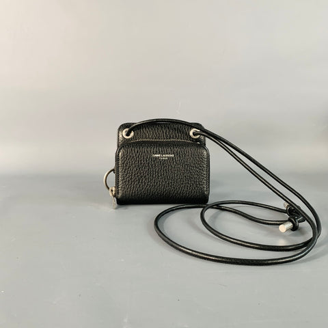 SAINT LAURENT One Size Black Silver Pebble Grain Leather Zip Wallet Handbag