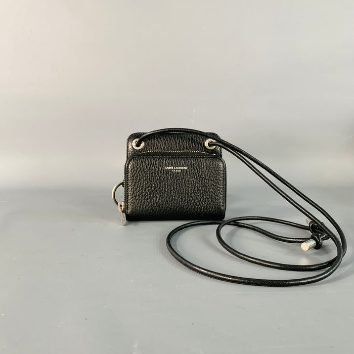 SAINT LAURENT One Size Black Silver Pebble Grain Leather Zip Wallet Handbag