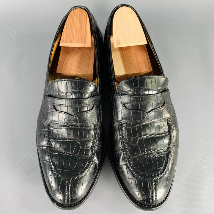 A. TESTONI Size 11.5 Black Crocodile Leather Penny Loafers