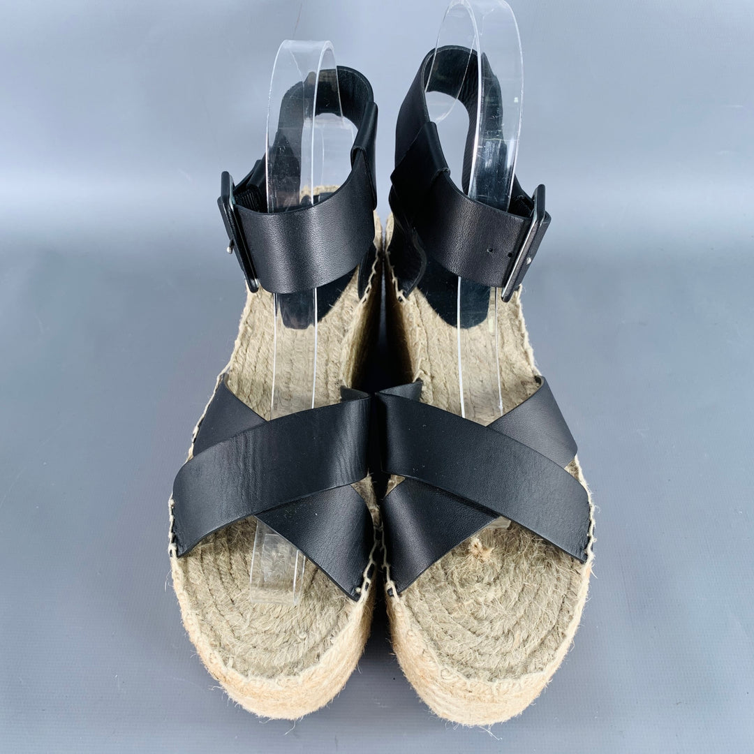 CELINE Size 7 Black Natural Leather Espadrille Sandals