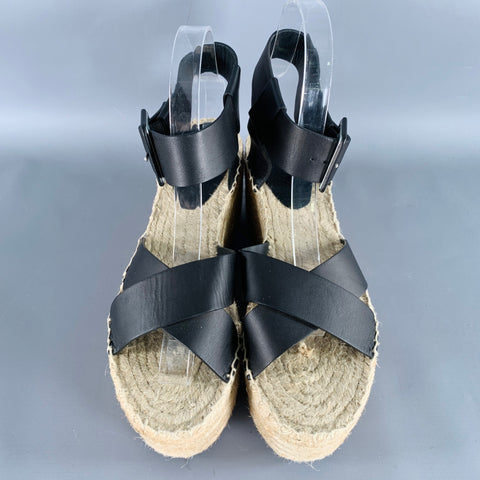 CELINE Size 7 Black Natural Leather Espadrille Sandals