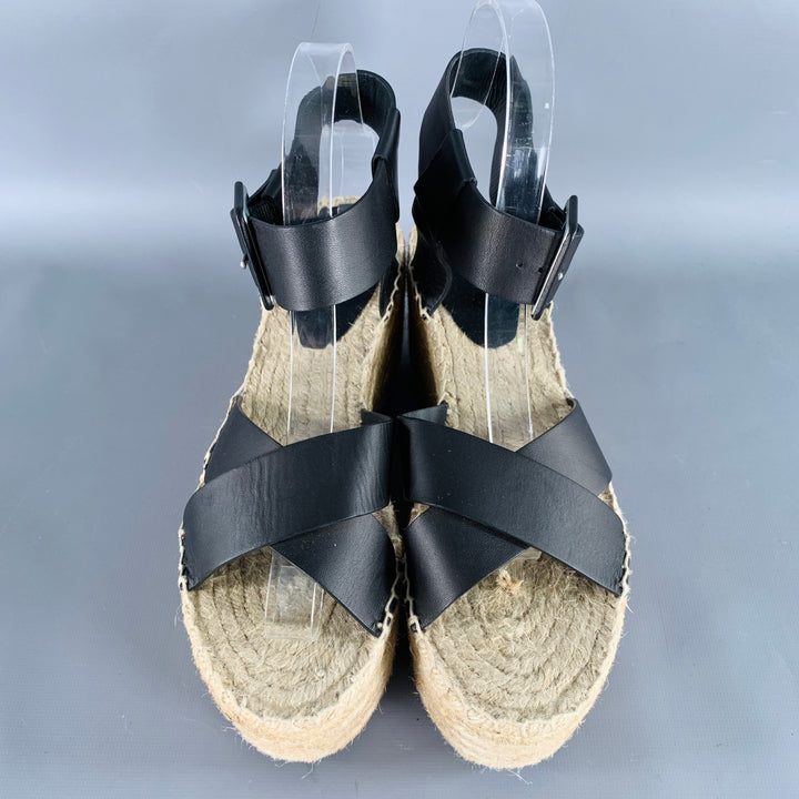 CELINE Size 7 Black Natural Leather Espadrille Sandals