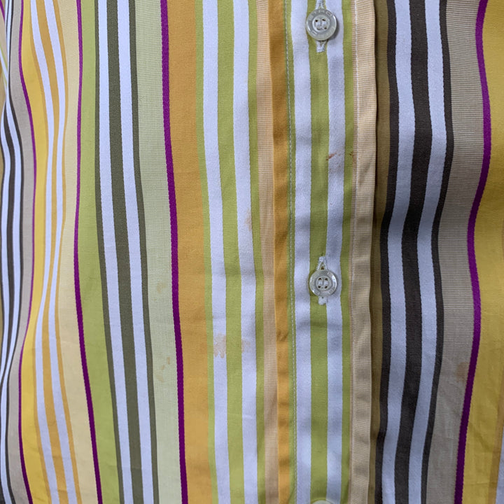ETRO Size 44 Yellow Green White Stripe Cotton Curved Cutaway Long Sleeve Shirt
