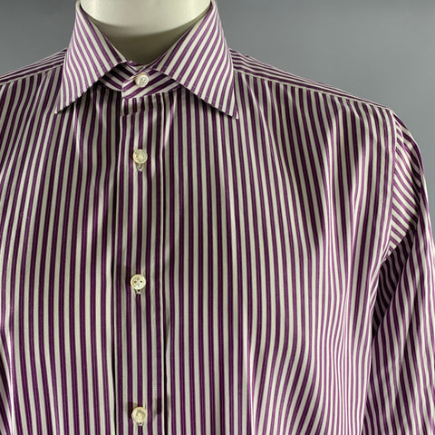 TRUZZI Size XL White Purple Stripe Cotton French Cuff Long Sleeve Shirt