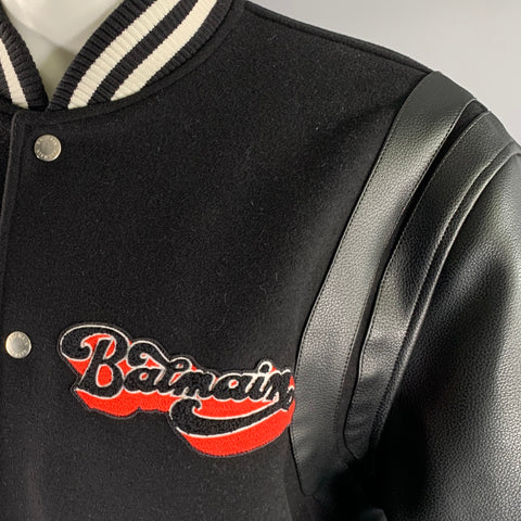 BALMAIN Size 40 Black Red White Patch Wool Faux Leather Varsity Jacket