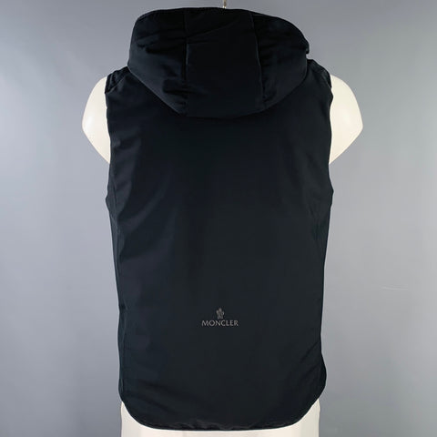 MONCLER Size L Black Polyamide Blend Softshell Hooded Zip Up Vest