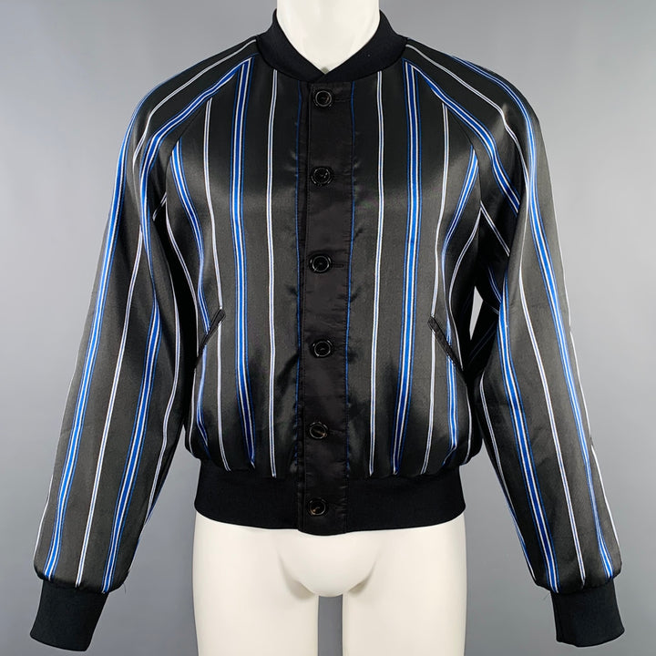 3.1 PHILLIP LIM Size M Black Blue Stripe Satin Bomber Jacket