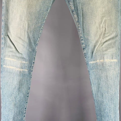 SAINT LAURENT 2016 Size 31 Blue Distressed Cotton Blend Narrow Leg Jeans