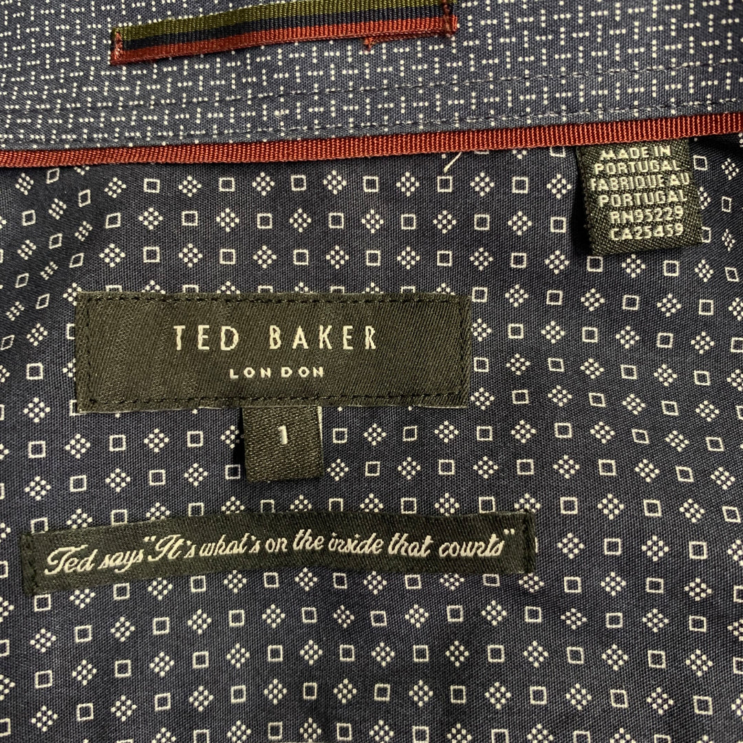 TED BAKER Size XS Merci Navy Grey Squares Cotton Spread Collar Long Sleeve Shirt