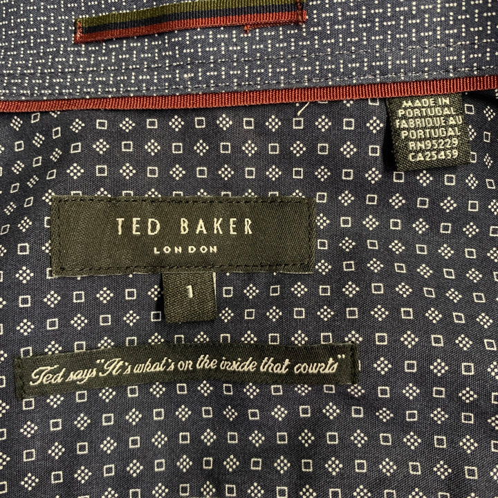 TED BAKER Size XS Merci Navy Grey Squares Cotton Spread Collar Long Sleeve Shirt