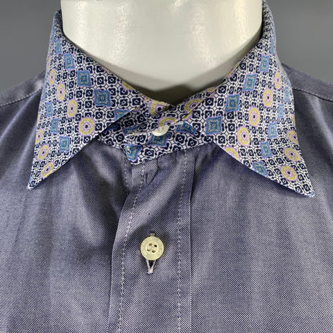 ETRO Size XL Blue Yellow Geometric Pointed Collar Long Sleeve Shirt